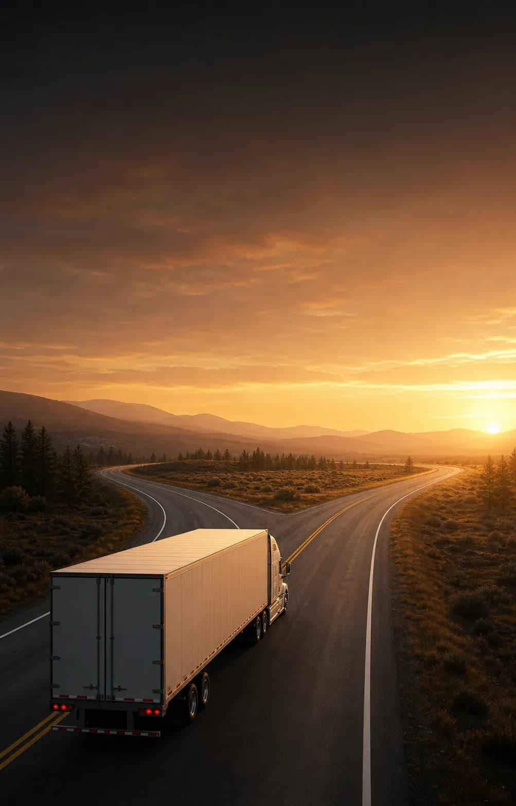 Semi truck on an open highway at sunset