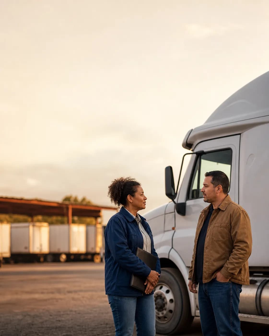 Company owner talking with a buyer next to a truck